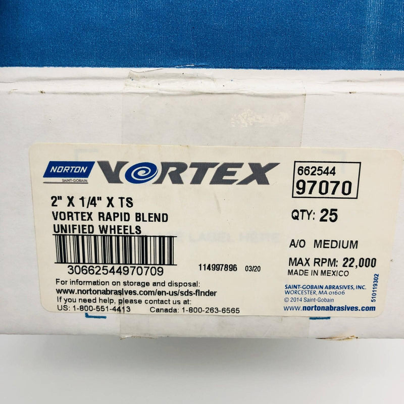 Norton 97070 Disc QC 2in x 1/4in x TS Vortex Rapid Blend A/O Medium Unified 25pk 2