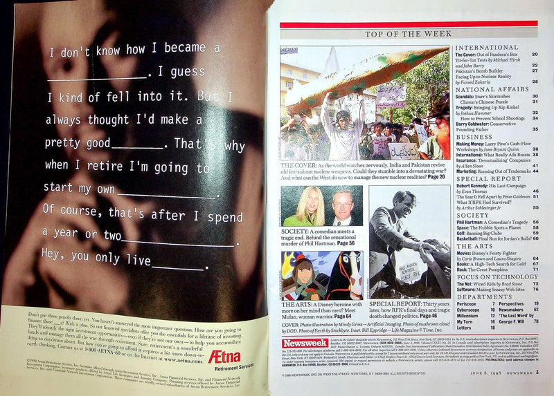 Newsweek Magazine June 8 1998 India Pakistan Nuclear Phil Hartman Comedian Dead 3