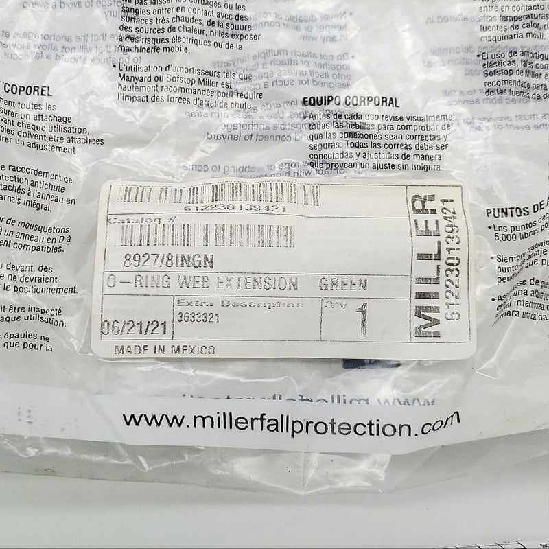 Miller 8927/8INGN 8" O-Ring Web Extension Lanyard Green 400lb Capacity Polyester 5
