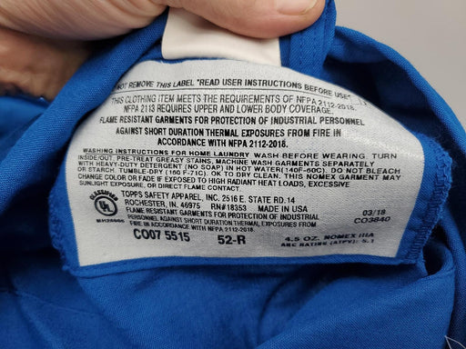 Topps CO07 5515 Coveralls Fire Resistant Size 52-R Nomex 4.5 Oz Nomex 2