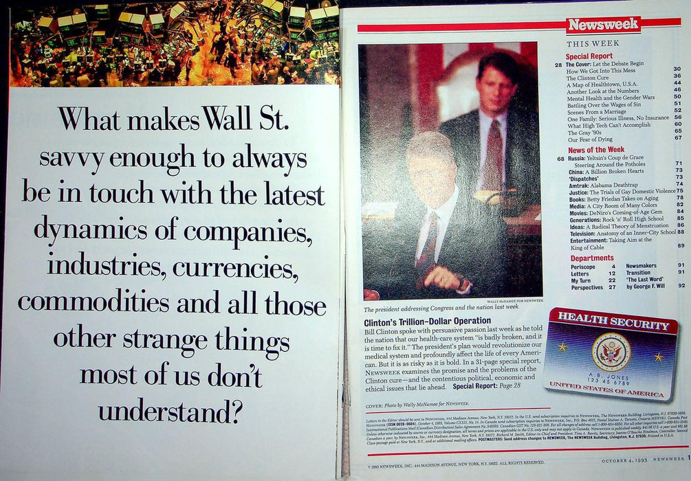 Newsweek Magazine October 4 1993 Bill Clinton Public Health System Plan to Fix 3