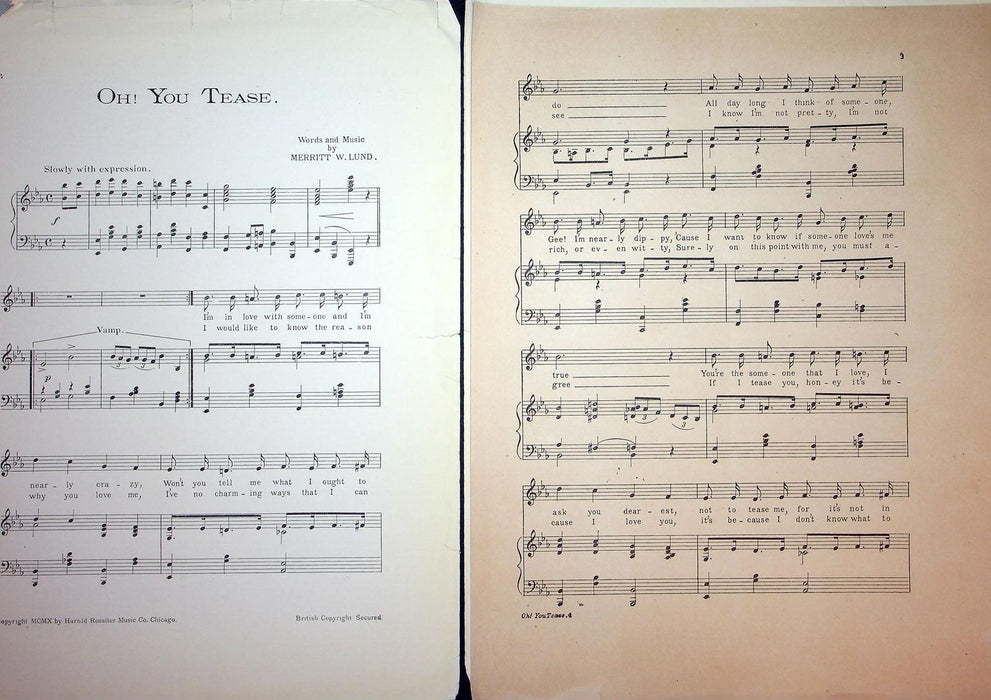 1910 Oh You Tease Vintage Sheet Music Large Merritt Lund Marjorie O Rourke 2