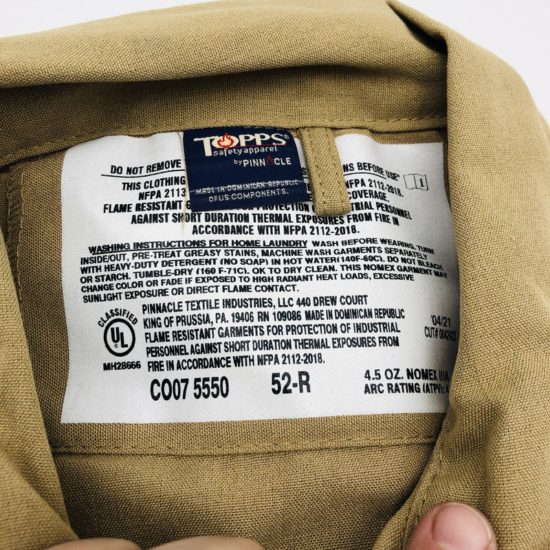 Topps CO075550 Coveralls Flame Resistant 52-Regular Nomex IIIA 4.5oz Tan NWT 2