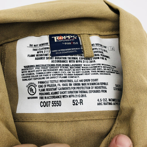 Topps CO075550 Coveralls Flame Resistant 52-Regular Nomex IIIA 4.5oz Tan NWT 2