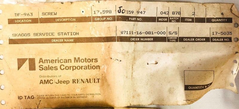AMC Jeep J0159947 Screw for Fuel Container OEM NOS 1981-86 CJ 5-8 2