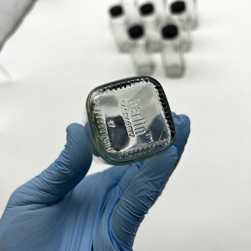 4 oz Clear Glass French Square Bottles w/ Black Caps Berlin Packaging 117191 9pk