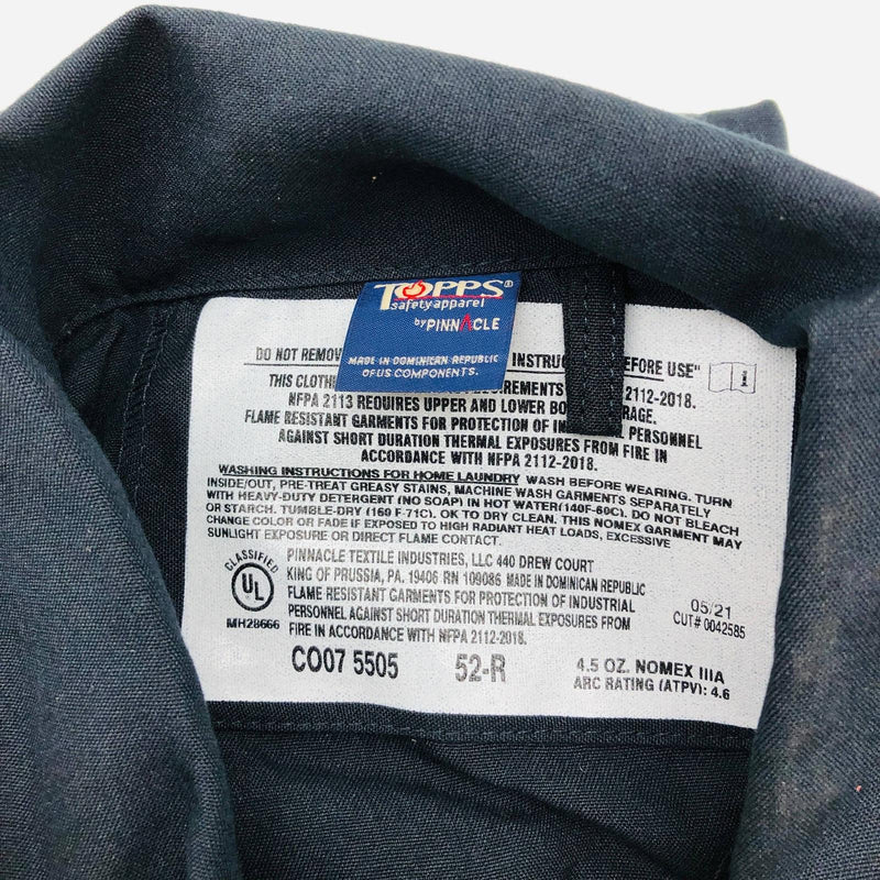Topps CO07-5505 Flame Resistant Coveralls 52R Nomex 4.5oz Unlined Navy Blue NWT 2