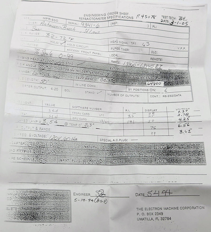 Electron Machine MPR-83C Refractometer Fluid Sensing Head 32-72F 0-99% 8