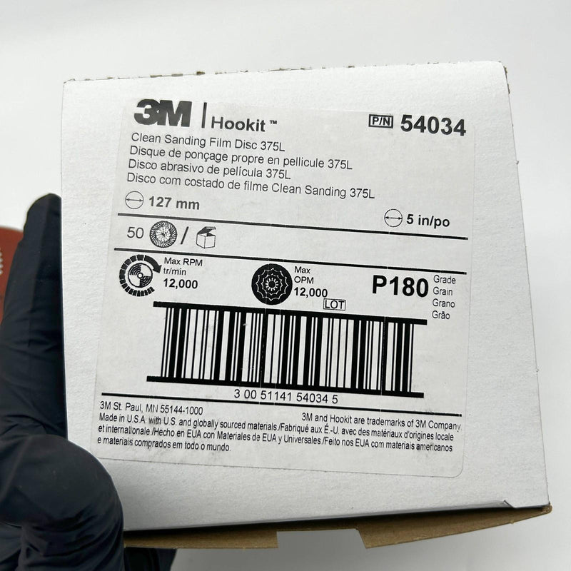 3M Hookit 54034 Sanding Film Disc 375L P180 Grade 5in Hook and Loop 100pk/2 Bxs
