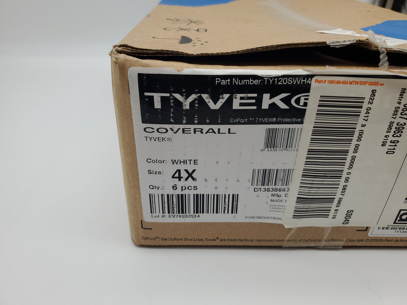 Tyvek 400 Coveralls Size 4XL Zipper Closure White TY120SWH4X0006G1 Pack of 6 6