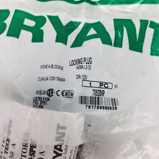 Bryant 70520NP Locking Blade Plug 20A 125 VAC 1-phase 2-pole 3-wire NEMA L5-20 2