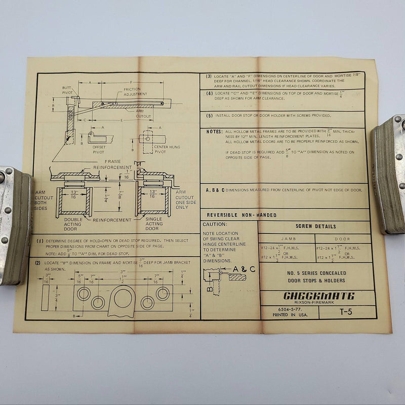 Rixson 5-313 Door Holder Overhead Concealed Satin Brass Friction Checkmate #5 9