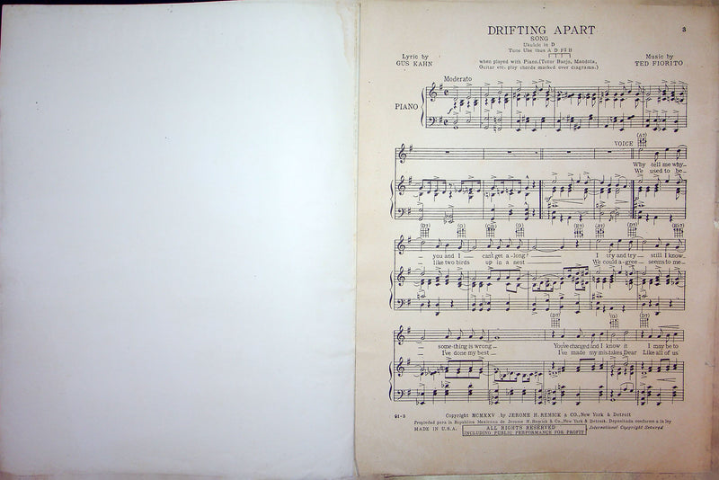 Sheet Music Drifting Apart Gus Kahn Ted Fiorito 1925 Jerome Remick and Co