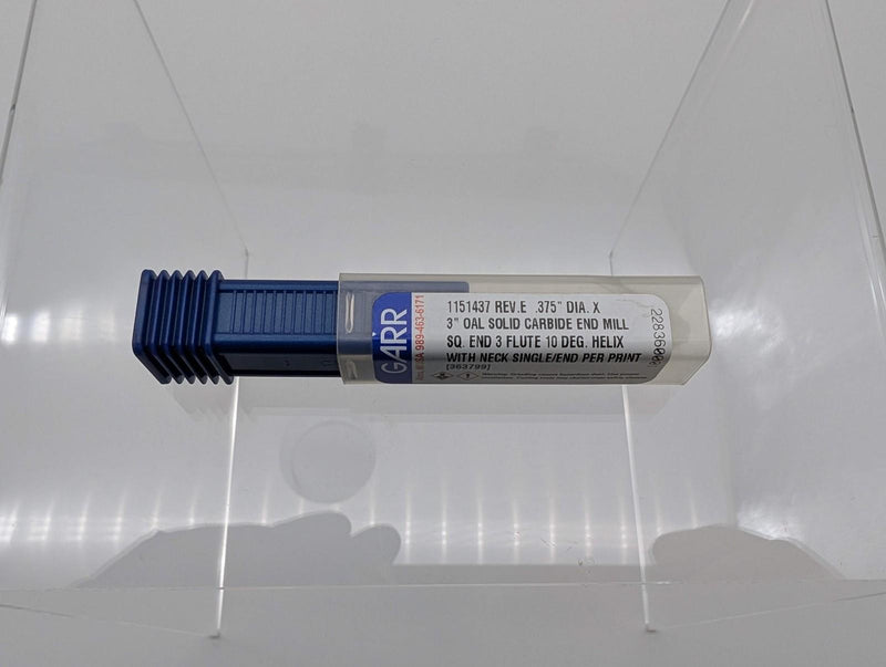 Garr 3/8" Square End Mill 3 Flute 10 Deg Helix 1.25" LOC 3" OAL 1151437 Carbide 5