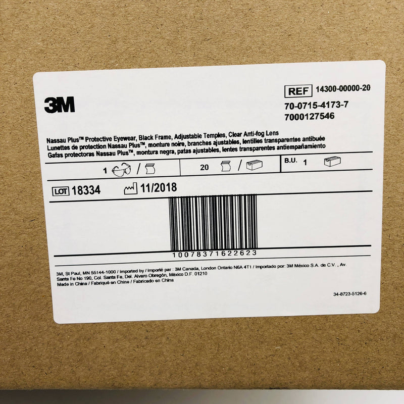 3M 14300-00000-20 Safety Glasses Nassau Plus Blk Frame Clear Anti Fog 20pr/Case 2