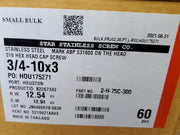 3/4"-10x3" Hex Head Cap Screws 3/4" Diam 3" Len 316 SS Star Stainless Steel 5 PK 5