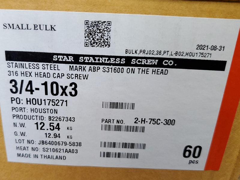 3/4"-10x3" Hex Head Cap Screws 3/4" Diam 3" Len 316 SS Star Stainless Steel 5 PK 5