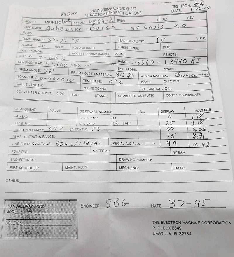 Electron Machine MPR-83C Refractometer Fluid Sensing Head 32-72F 0-100% 8