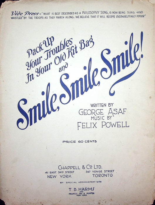 1915 Smile Smile Smile Pack Up Your Troubles Sheet Music Large George Asaf 1
