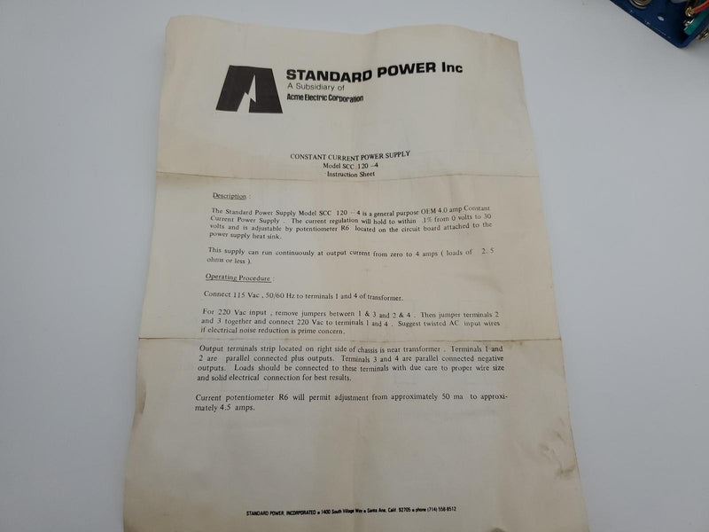 Acme Standard Electric SCC 120-4 Power Supply 4A Constant Current 30V 7