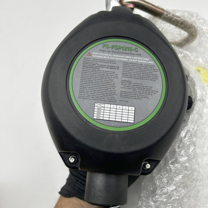 Safewaze FS-FSP1215-G Self Retracting Lanyard 15ft Cable Poly Housing SRL