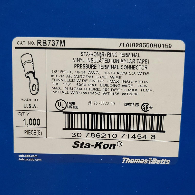Thomas & Betts RB737M Ring Terminal Connectors 3/8" Bolt 18-14 AWG Reel of 1000 2