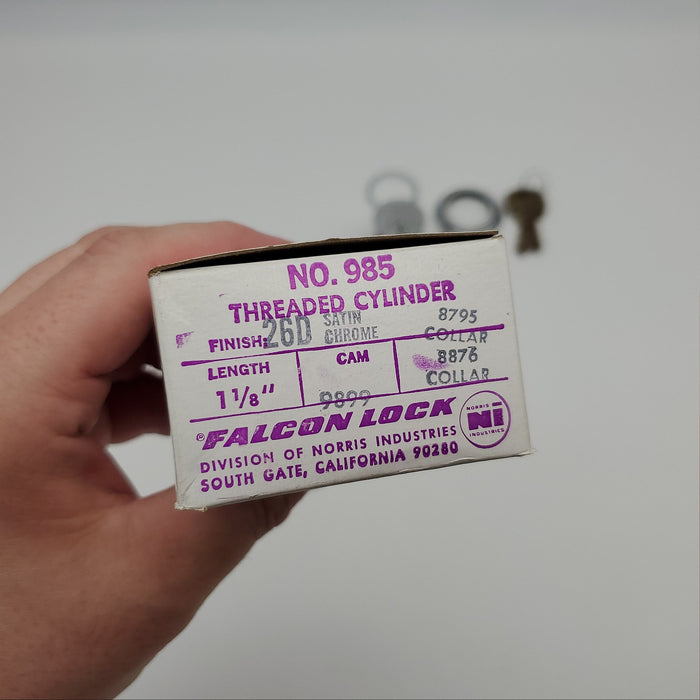 Falcon Mortise Cylinder 1-1/8" Length Satin Chrome # 985 E Keyway 5 Pin 9899 Cam 3