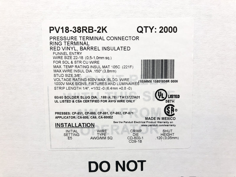 Panduit PV18-38RB-2K Vinyl Ring Terminal Red 22 – 18 AWG Wire 3/8 Stud (2000pk)