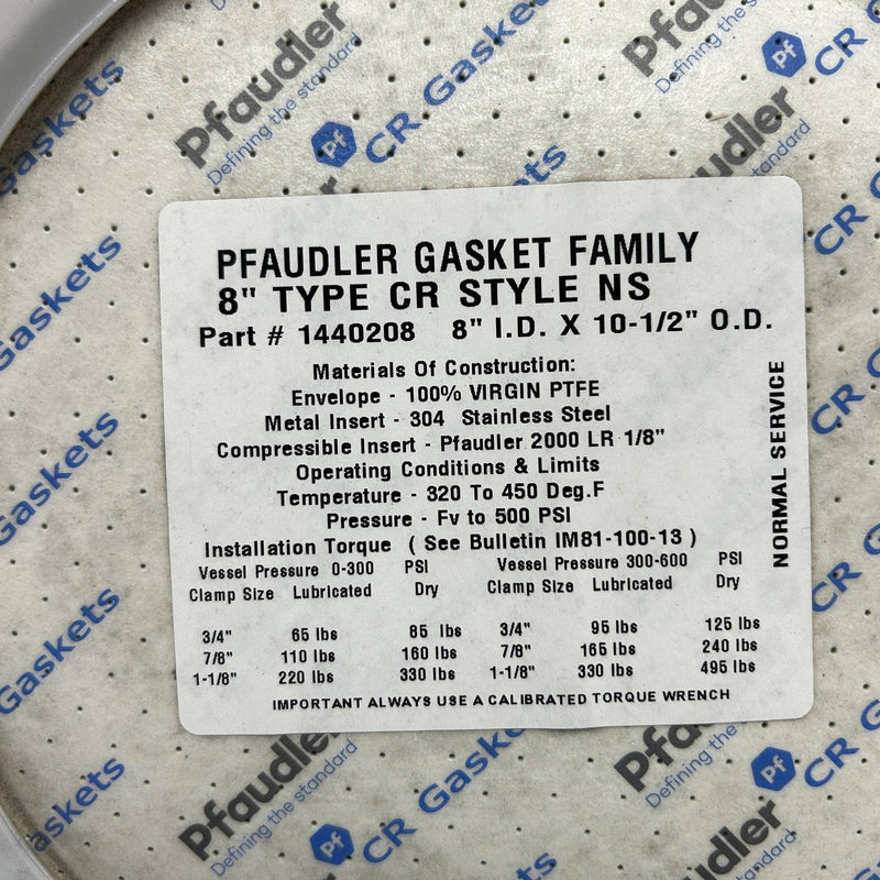 Pfaudler 1440208 Gasket Family 8" Type CR Style NS PTFE 8in ID X 10-1/2in OD