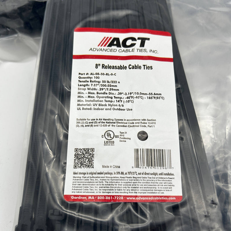 ACT AL-08-50-RL-0-C Cable Ties Releasable Black 8inch 50lb 500pk (.08/pc)