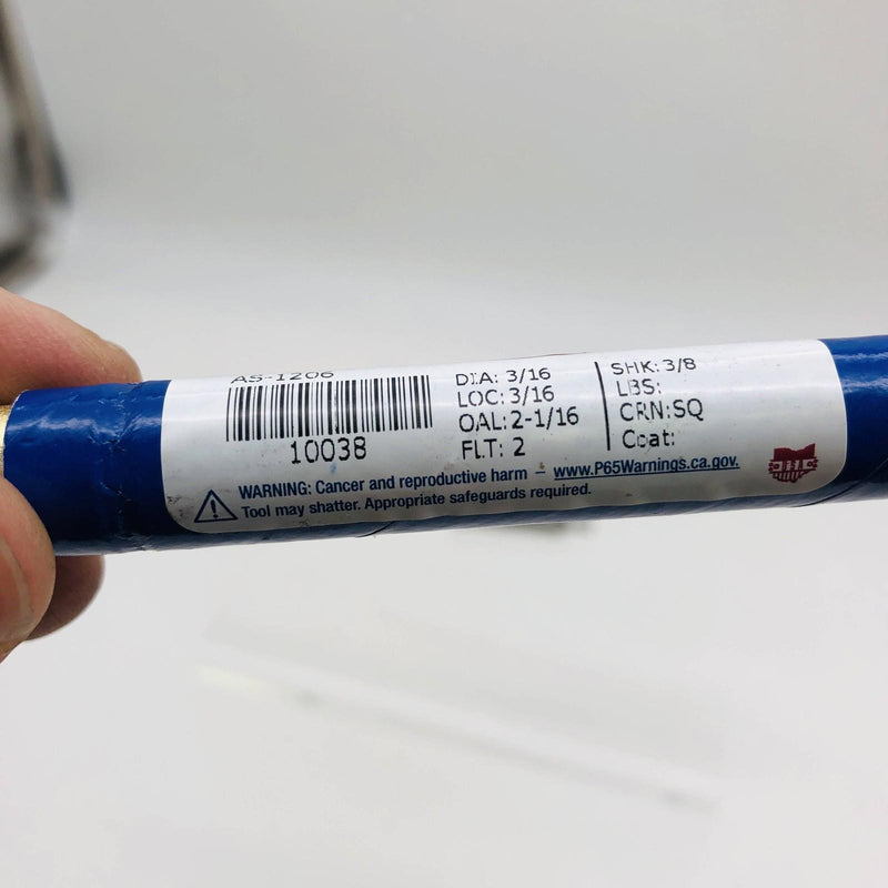 Melin AS-1206 End Mill 3/16 Dia 3/8 Shank 2 Flutes 2-1/16 OAL 3/16 LOC Square 3