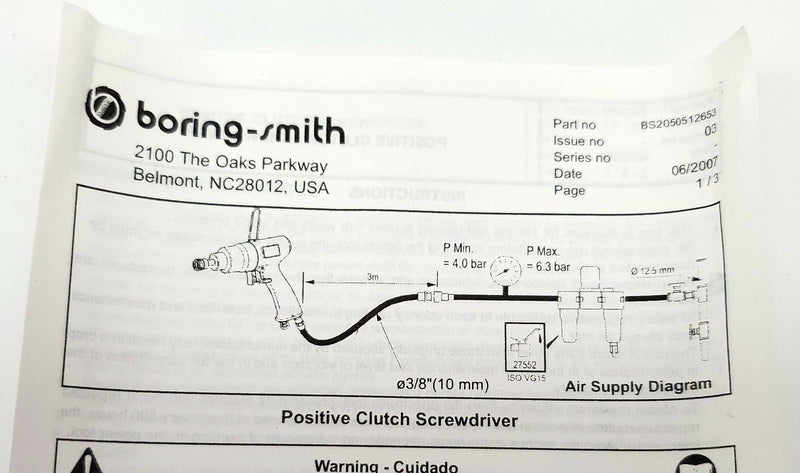 Boring Smith Pneumatic Screwdriver 1/4" Hex Positive Clutch 2200RPM 90PSI BS2100 8