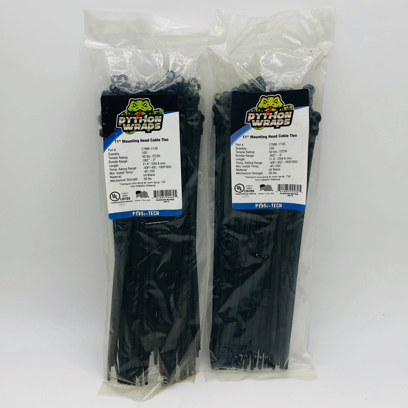 200 Cable Wire Wrap Zip Ties 11" 50lb UV Blk Mounting Head Hole Python CTMB-1150 1