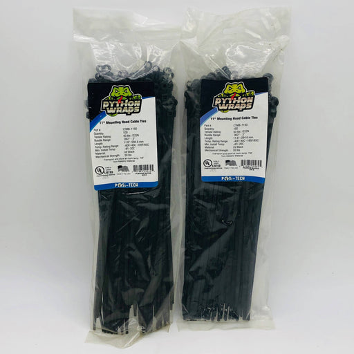 200 Cable Wire Wrap Zip Ties 11" 50lb UV Blk Mounting Head Hole Python CTMB-1150 1