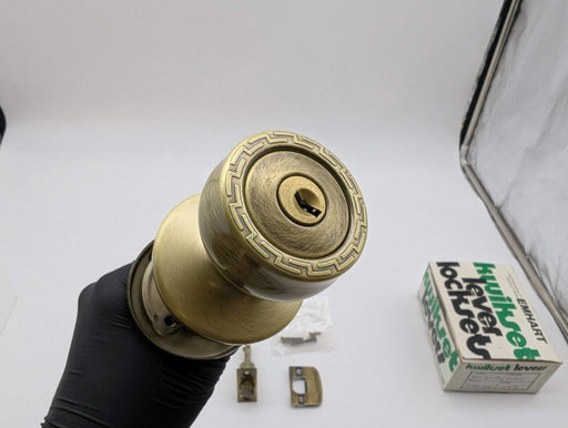 Kwikset Entry Lock Knob & Lever Grecian Design Antique Brass 2-3/8" Backset 2