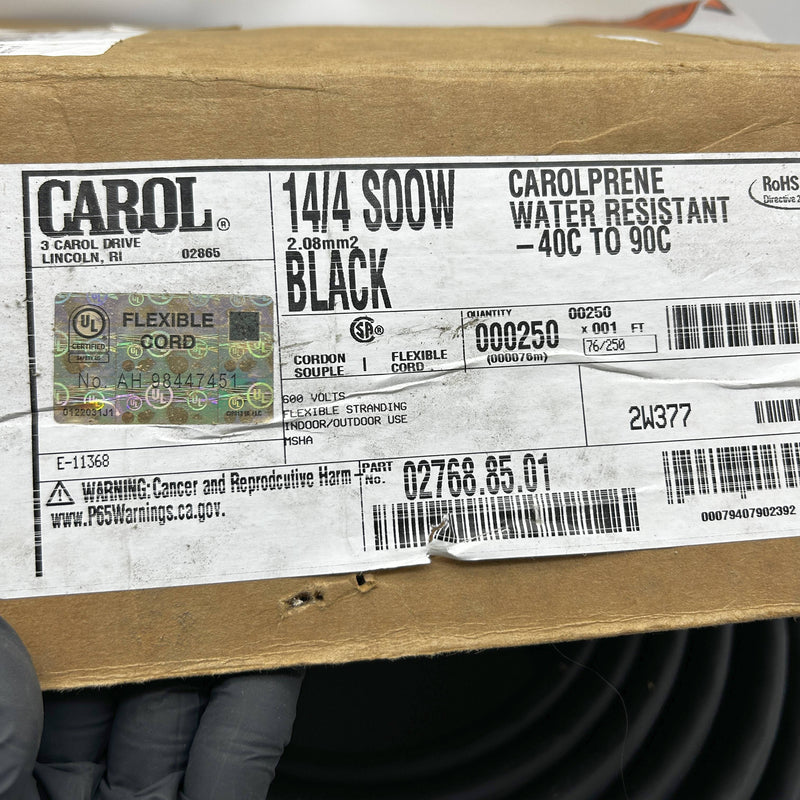 Carol 02768.85.01 Portable Cord SOOW 600V 4 Conductors 14 AWG Blck Jacket 250ft