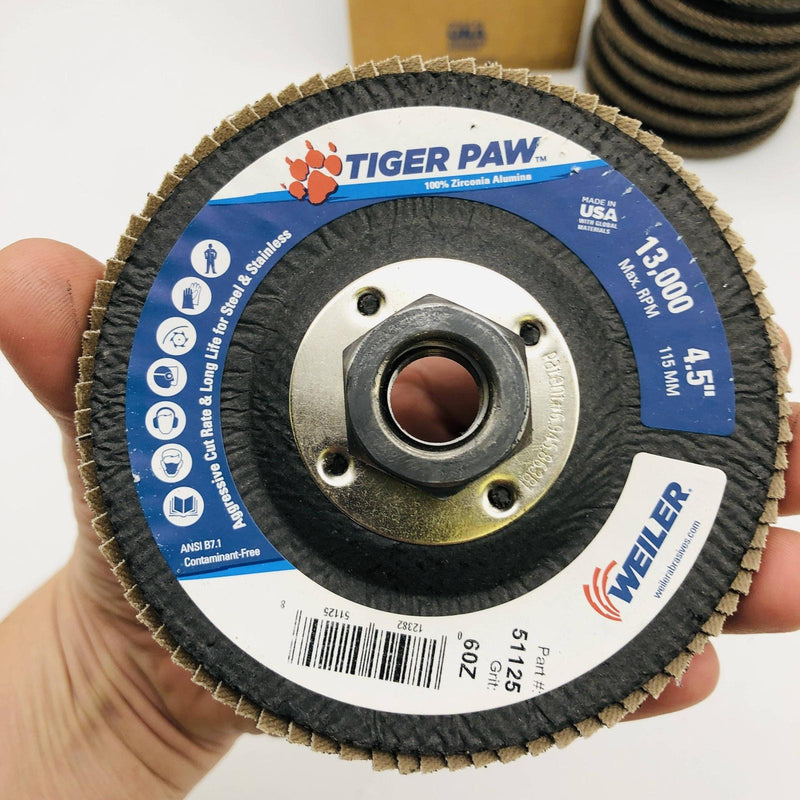 Weiler 51125 Flap Disc 4-1/2 Tiger Paw 60Z Grit 5/8-11 Arbor Hole Angled 10pk 5