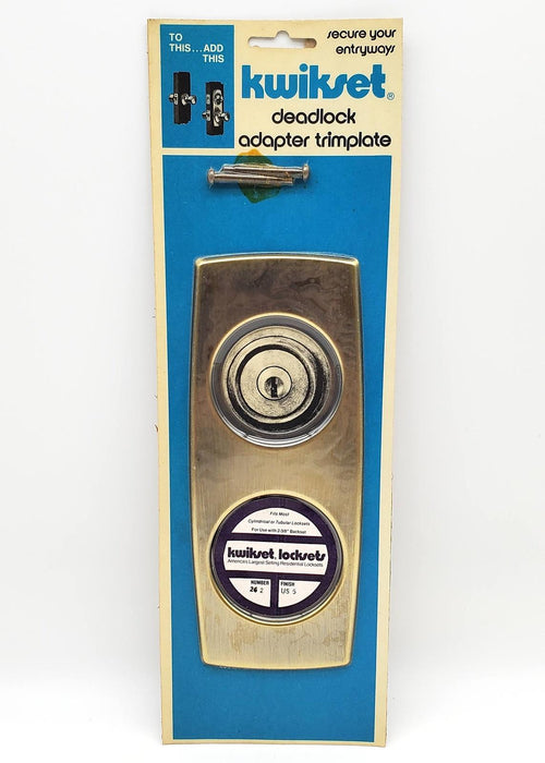 1960s Kwikset Escutcheon Satin Brass 8-3/8" Long Doorknob & Deadbolt Trim NOS 1