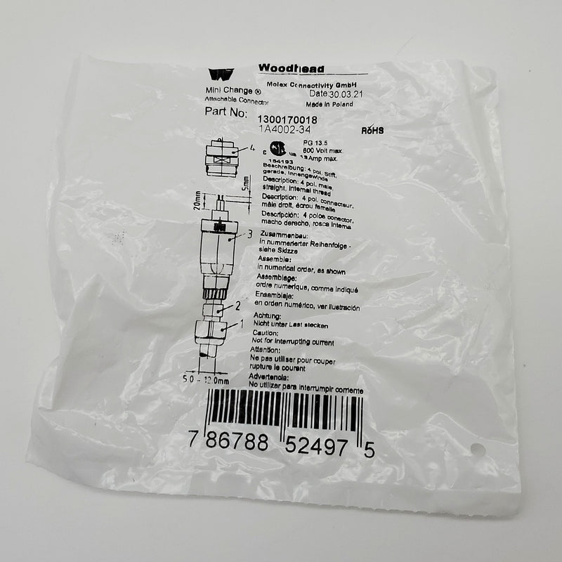 Woodhead 1A4002-34 Mini-Change Field Attachable Male Conn 4P Internal Thread 4
