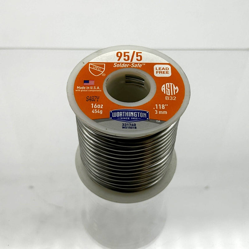 Worthington Solder-Safe 331760 Solder Wire 95/5 .118" Lead Free 16oz/1lb Roll