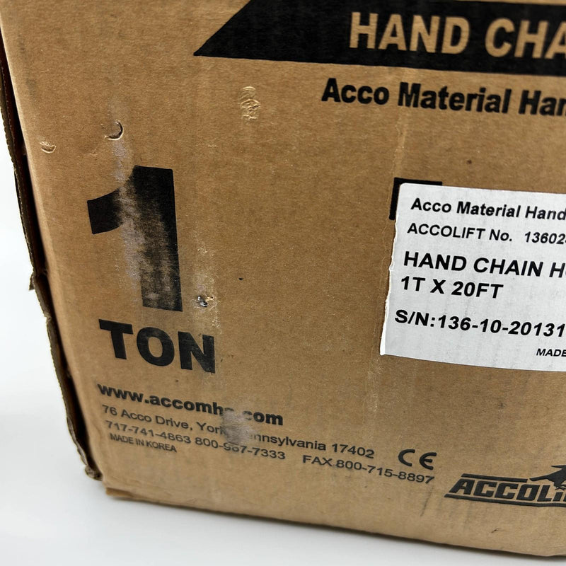 Accolift 1360240 Hand Chain Hoist 1 Ton x 20ft Fabricated Rolled Steel Plate