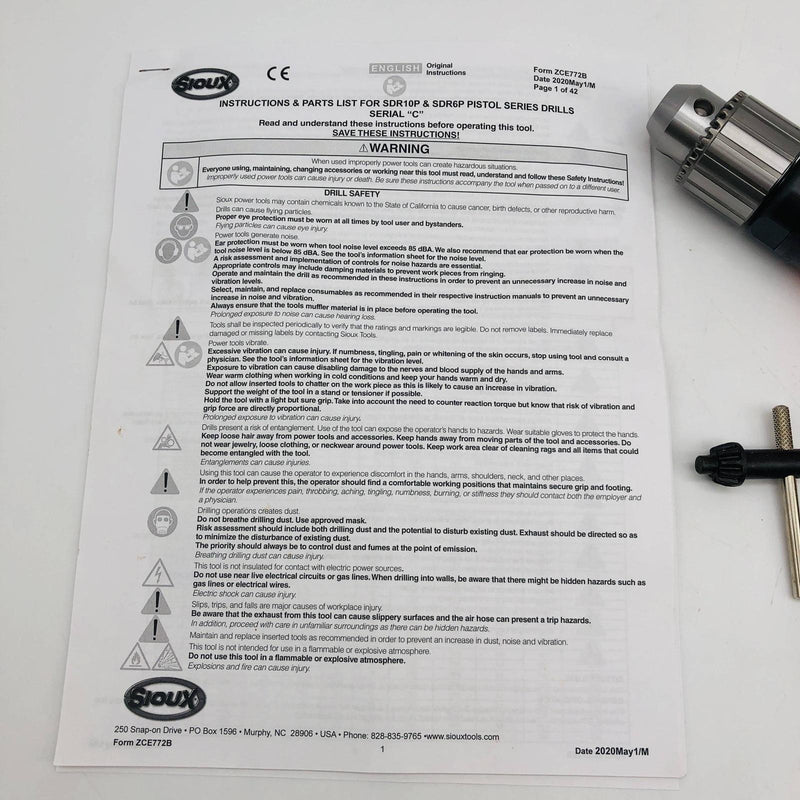 Sioux SDR10P25R4RR Pistol Grip Drill Air 1HP Rapid Reverse 2500RPM 1/2 Chuck 3