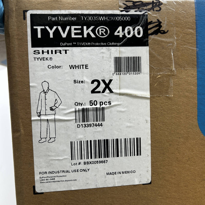 Dupont Tyvek 400 Disposable Shirt White 2XL Snap Open Cuff TY303SWH2X005000 PK50