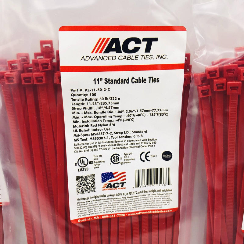 ACT AL-11-50-2-C Cable Tie 11in Length .18" Width 50lb Red Nylon 6/6 Pack of 300 2
