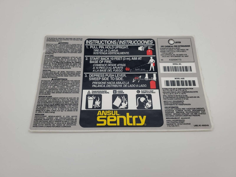 Ansul Maintenance & Operation Label for AA20 Fire Extinguisher 8" x 5" 2