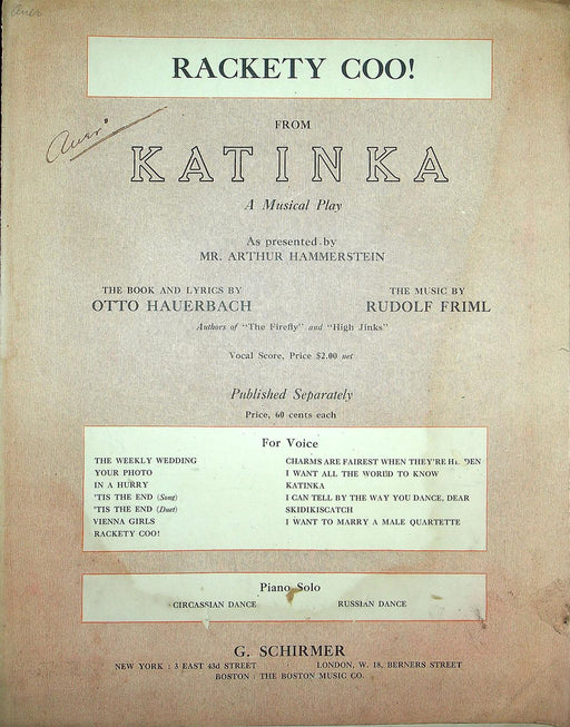 1915 Rakety Coo Katinka Sheet Music Broadway Musical Play Arthur Hammerstein 1
