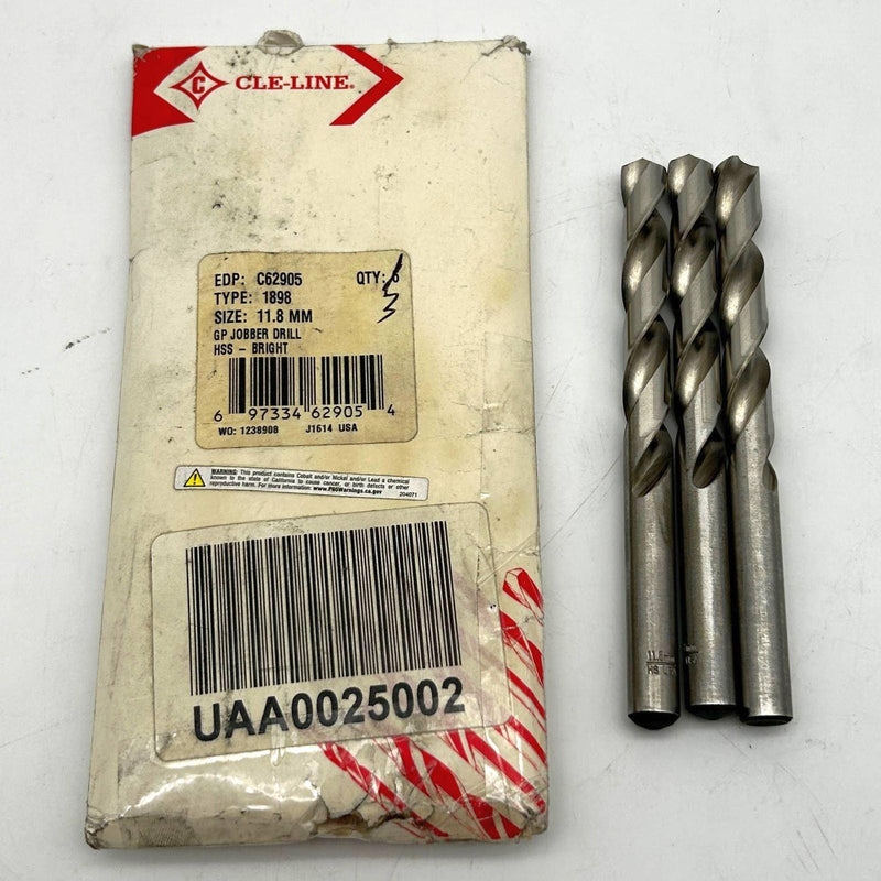 Cle-Line C62905 Jobber Drill Bit 11.8mm 1898 General Purpose HSS Bright Lot of 3