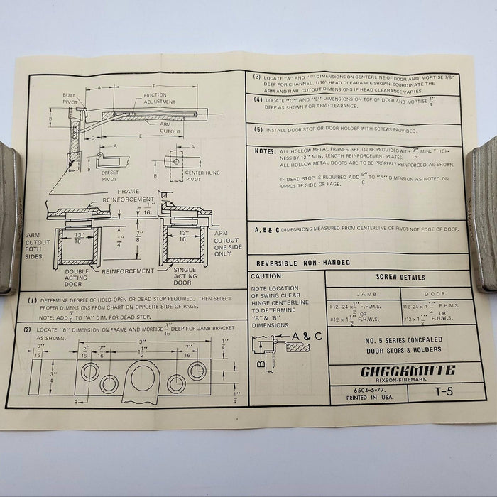 Rixson 5-313 Door Holder Overhead Concealed Satin Chrome Friction Checkmate #5 8