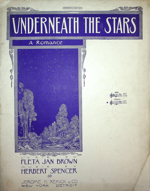 1915 Underneath The Stars Vintage Sheet Music Herbert Spencer Fleta Jan Brown 1