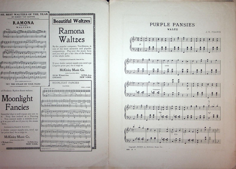 1904 Purple Pansies Waltz Vintage Antique Sheet Music Large J S Fearis McKinley 2